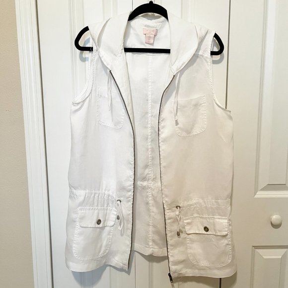 🔥SALE🔥 St Tropez West M White Linen Hooded Sleeveless Utility Top Shirt size L - Picture 2 of 7